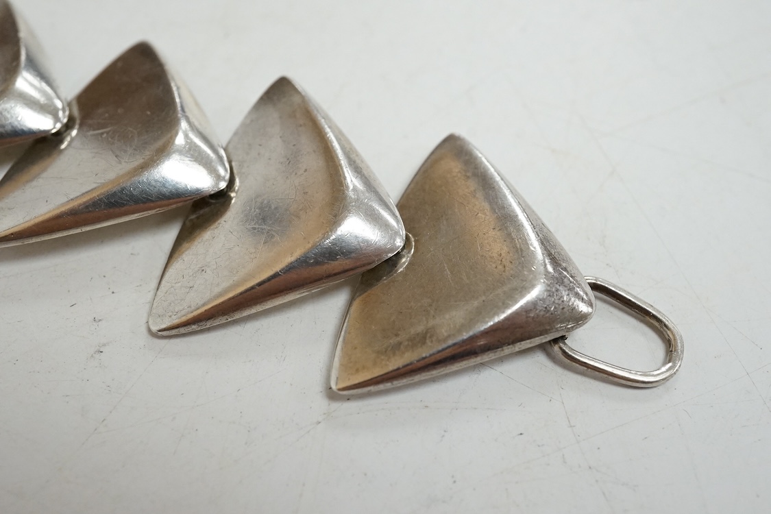 An early 1970's stylish Danish Hans Hansen silver articulated bracelet, import marks for Danish Silver Designs Ltd, London, 1971, 18cm.